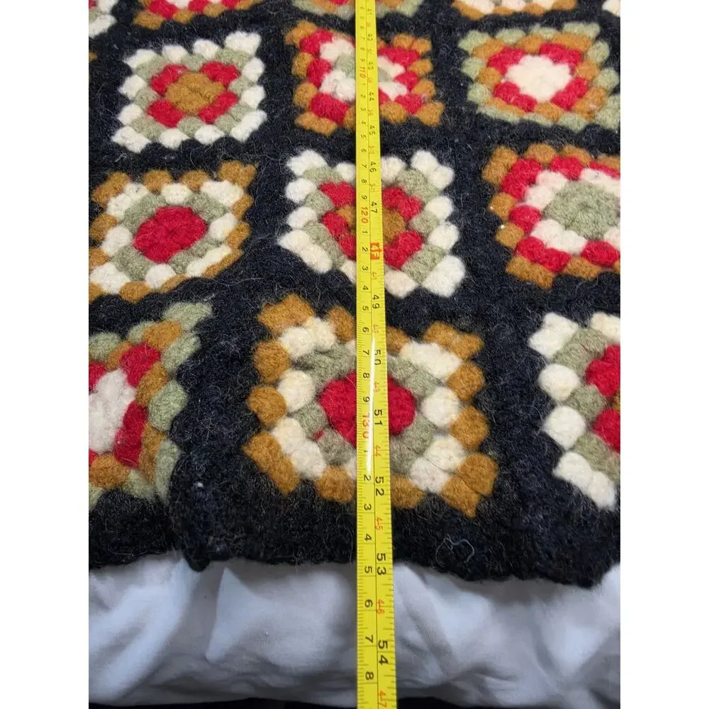 VTG Multicolor Wool Crochet Granny Square Roseanne FairIsle Quilt Blanket 50x40”